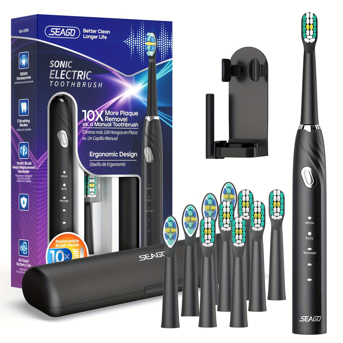 Seago Sonic Electric Toothbrush Kit - Rechargeable, 35,000 VPM, 3 Cleaning Modes, Includes 10 Brush Heads, USB Charging, Ergonomic Design with Travel Case & Stand, Ideal Family Gift, Black