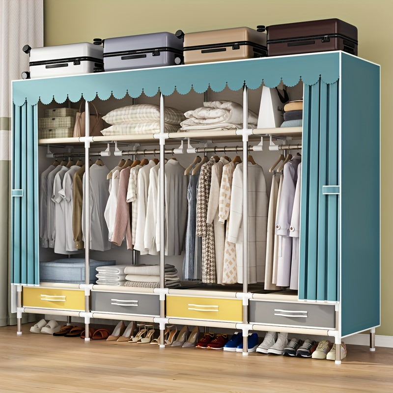 Simple Wardrobe with Drawers, Durable and Durable, Thickened, All-Steel Frame, Cloth Wardrobe, Storage for Rental Houses
