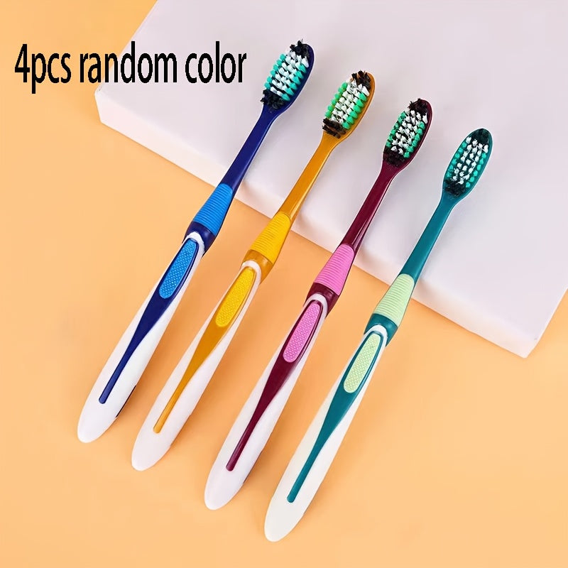 4-Pack Colorful Hard Bristle Toothbrushes, Full-Size Head, Polypropylene, Unscented, Unisex-Adult, Family Set, Independent Packaging, Efficient Oral Care