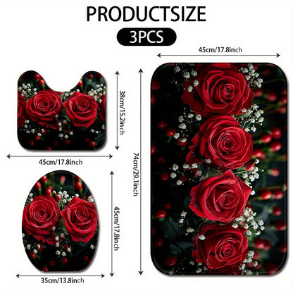 3pcs Beautiful Red Rose Pattern Bathroom Rugs, Bath Mat Set, Thickened Non-Slip Soft Fine Washable Rug, Bathroom Decorations, Set Includes Bath Blanket, Contour Mat And Toilet Lid Christmas Decoration