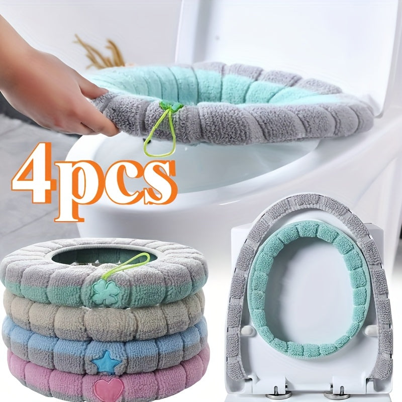 4pcs Soft & Cozy Stretchable Toilet Seat Covers - Plush Gray, Light Blue, Pink & Beige Washable Polyester Pads for All Oval Toilet Seats, Comfortable and Hygienic Bathroom Upgrade