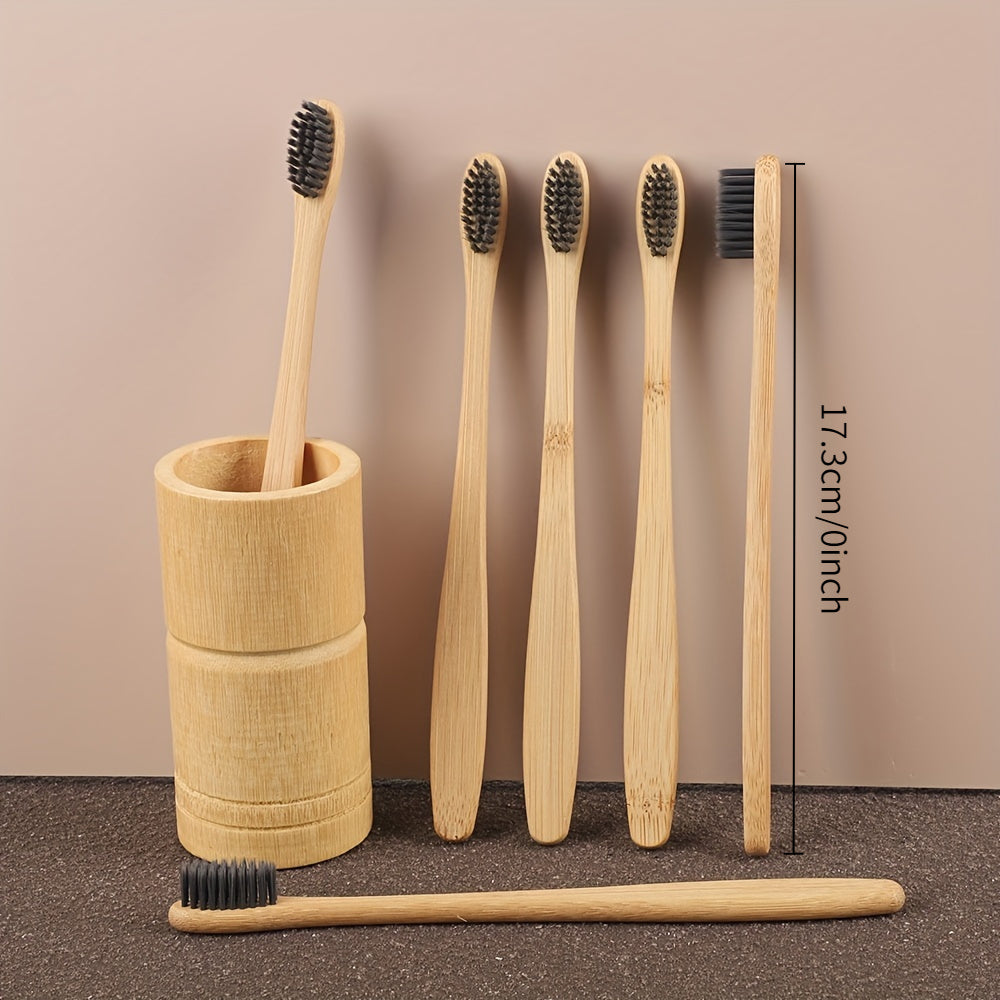 6pcs Bamboo Toothbrushes with Soft Nylon Bristles, Manual Wooden Handle for Sensitive Gums, Deep Cleaning Oral Care, High-Quality & Odorless, Includes Natural Wooden Holder for Daily Use, Toothbrush Holder