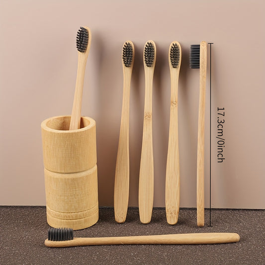 6pcs Bamboo Toothbrushes with Soft Nylon Bristles, Manual Wooden Handle for Sensitive Gums, Deep Cleaning Oral Care, High-Quality & Odorless, Includes Natural Wooden Holder for Daily Use, Toothbrush Holder