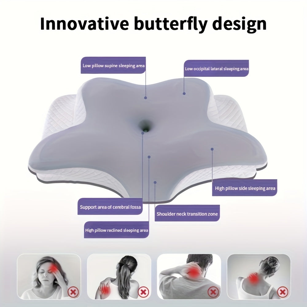 1pc Ergonomic Butterfly-Shaped Pillow - Slow Rebound Cervical Support, Sleep Relaxation Pillow for Back & Side Sleepers, Spine Alignment, Hypoallergenic, Machine Washable Cover, White