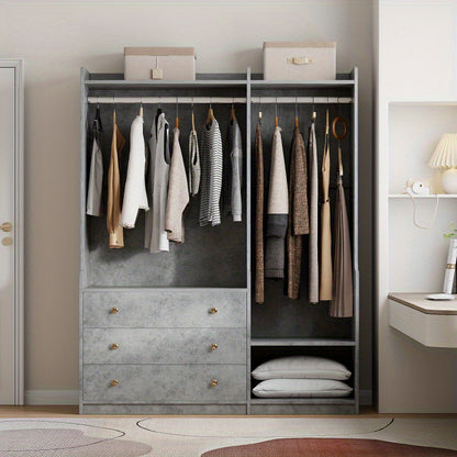 Modern Gray Wooden Wardrobe Organizer with Dual Hanging Rods, 5 Versatile Shelves & 3 Spacious Drawers – Stylish Bedroom Storage Solution for Clothes & Accessories