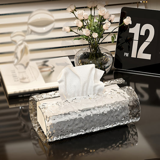 1pc elegant oval corrugated texture tissue box cover, sparkling tissue box, suitable for bathroom, dressing table tissue dispenser, high-end living room desktop decoration, simple and luxurious coffee table tissue storage