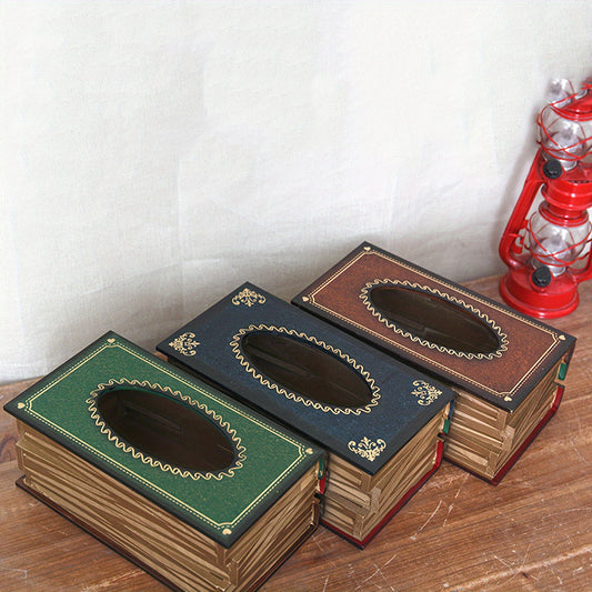 Vintage Wooden Tissue Box Holder, American Retro Book-Shaped Napkin Dispenser, Artistic Square Wood Tissue Organizer for Living Room, Bedroom, and Dining Room Decor