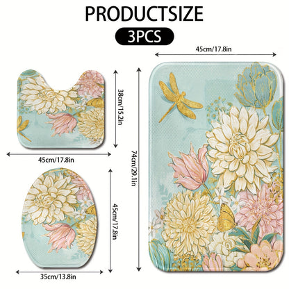3-Piece Soft & Lightweight Floral Bathroom Rug Set: U-Shaped Toilet Seat Cover, Bath Mat, and Rug - Machine Washable for Bathroom Decor