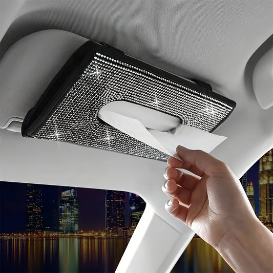 1pc Car Diamond Tissue Box, Car Sunshade Tissue Box, Flash Rhinestone Tissue Bag, Artificial Crystal Tissue Box.
