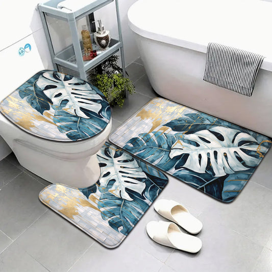 3pcs Blue And White Turtle Back Leaf Pattern Bathroom Mat Set with Toilet Seat Cover And U-Shaped Foot Pad.