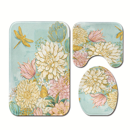 3-Piece Soft & Lightweight Floral Bathroom Rug Set: U-Shaped Toilet Seat Cover, Bath Mat, and Rug - Machine Washable for Bathroom Decor