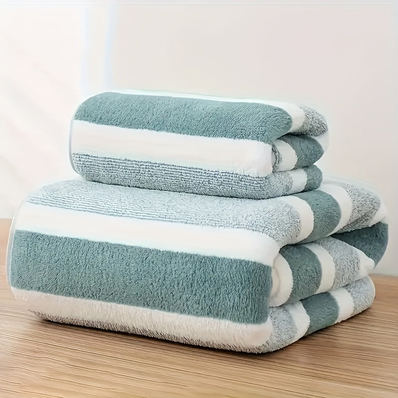 2pcs\u002Fset Ultra-Soft Striped Towel Set | 1 Bath Towel & 1 Hair Towel | Highly Absorbent Polyester | Autumn & Winter Comfort | Home Essentials