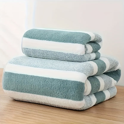 2pcs\u002Fset Ultra-Soft Striped Towel Set | 1 Bath Towel & 1 Hair Towel | Highly Absorbent Polyester | Autumn & Winter Comfort | Home Essentials