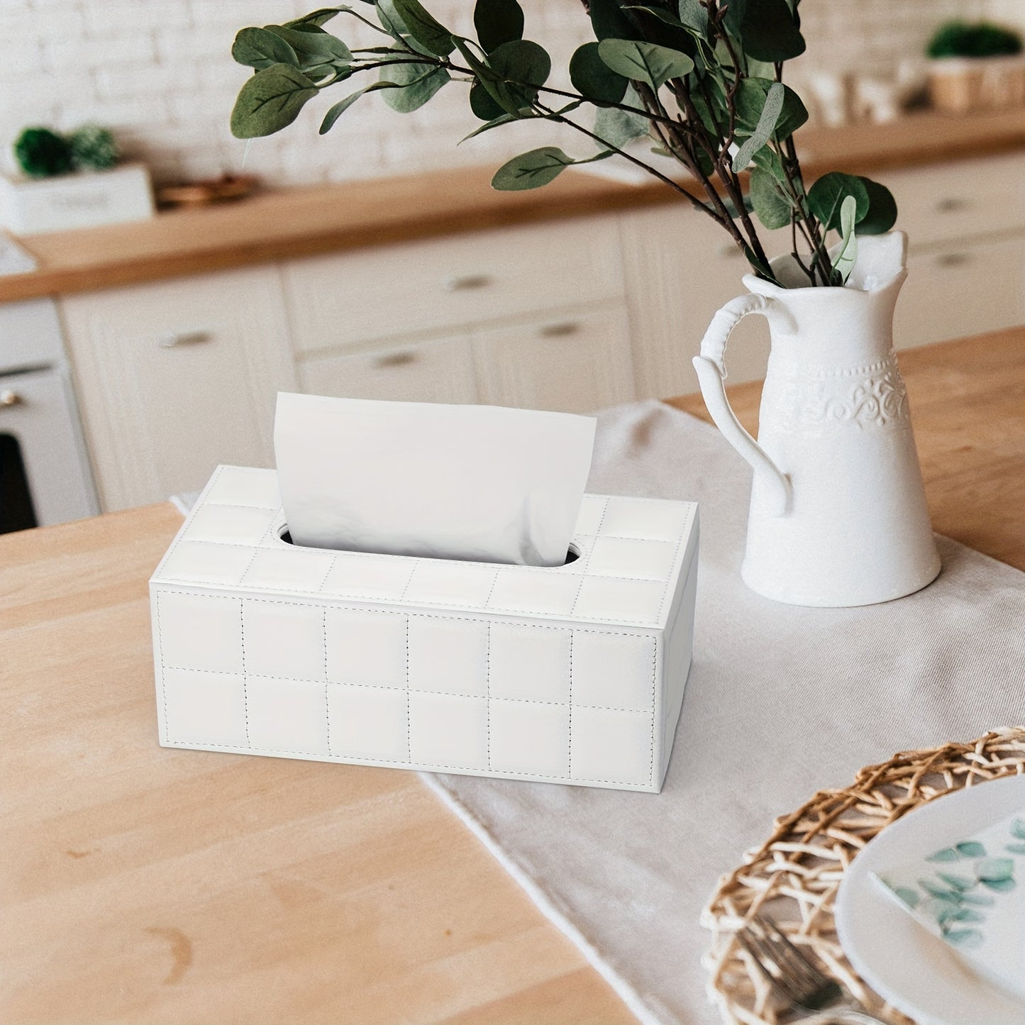 White Grid Wooden Tissue Box Holder, Magnetic Lock, Easy to Use, Home & Car Desk Tissue Storage, Bedroom, Living Room, Kitchen Gadget, Christmas Decor
