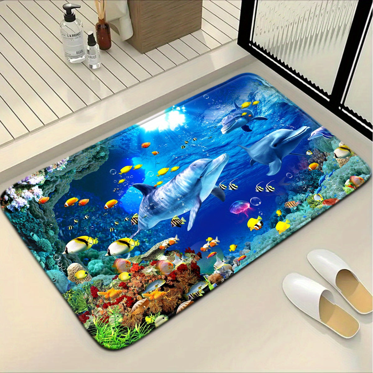 Open 3pcs Underwater World Series Colorful Jellyfish Dolphin Pattern Bathroom Mat Set Toilet Seat Ring U-shaped Foot Pad