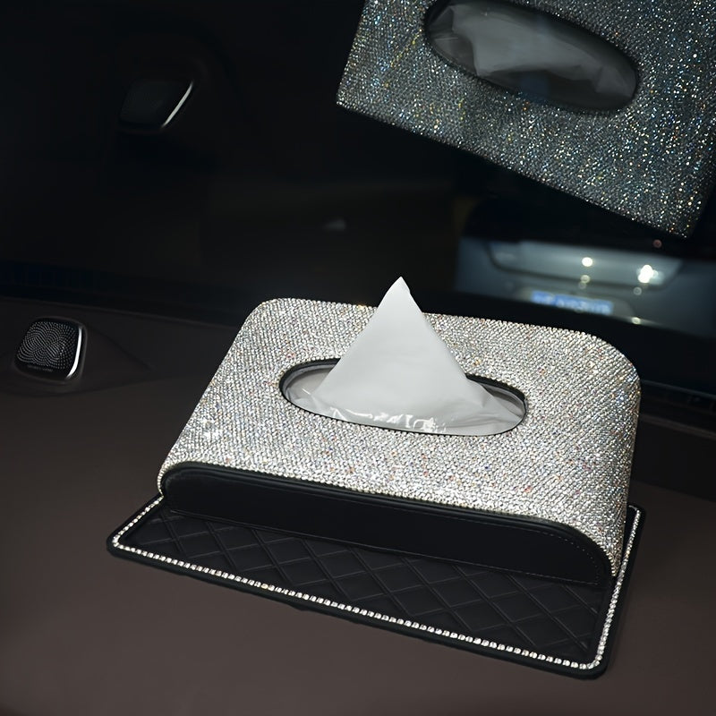 2pcs-Glittering Car Tissue Box Home Use Tissue Box Artificial Diamond Inlay Interior Supplies, Car Dashboard Anti-slip Mat. Kitchen, Office, Bathroom, Desktop, Bedroom Vanity Special Tissue Box