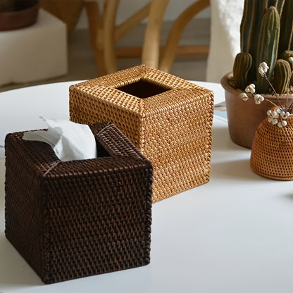 Handcrafted Square Rattan Tissue Box - Japanese Style Wicker Organizer for Desktop, Perfect for Kitchen, Bathroom, Bedroom & Office Decor