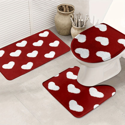3pcs Valentine'S Day Bathroom Mat Set - Non-Slip, Machine Washable, Knit Polyester Bath Rug, Contour Mat, and Toilet Lid Cover - 550gsm, 1.2cm Thick, Rectangle Home Decor