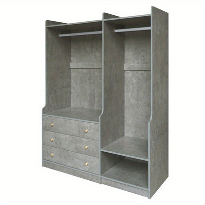 Modern Gray Wooden Wardrobe Organizer with Dual Hanging Rods, 5 Versatile Shelves & 3 Spacious Drawers – Stylish Bedroom Storage Solution for Clothes & Accessories
