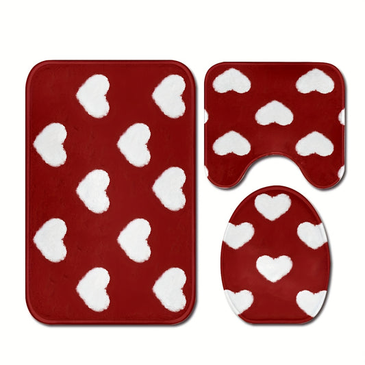3pcs Valentine'S Day Bathroom Mat Set - Non-Slip, Machine Washable, Knit Polyester Bath Rug, Contour Mat, and Toilet Lid Cover - 550gsm, 1.2cm Thick, Rectangle Home Decor