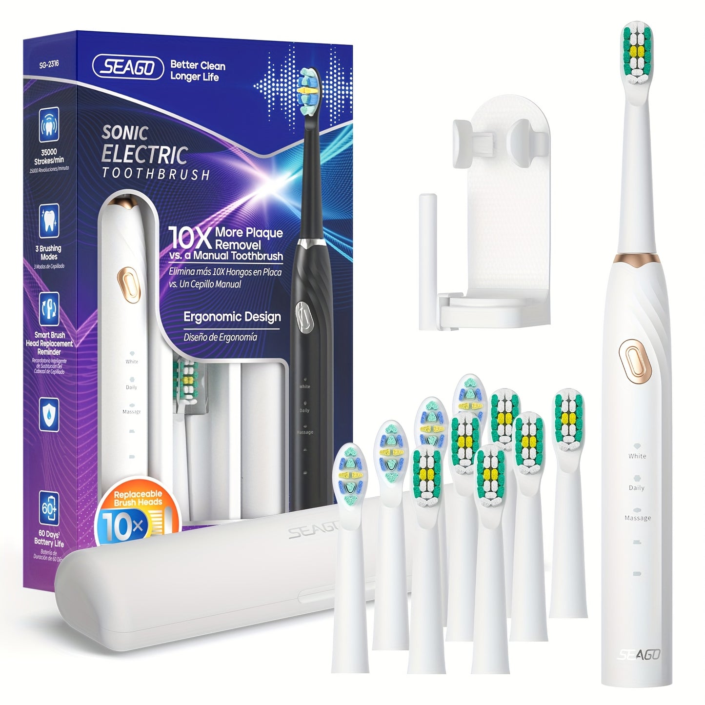 Seago Sonic Electric Toothbrush Kit - Rechargeable, 35,000 VPM, 3 Cleaning Modes, Includes 10 Brush Heads, USB Charging, Ergonomic Design with Travel Case & Stand, Ideal Family Gift, Black