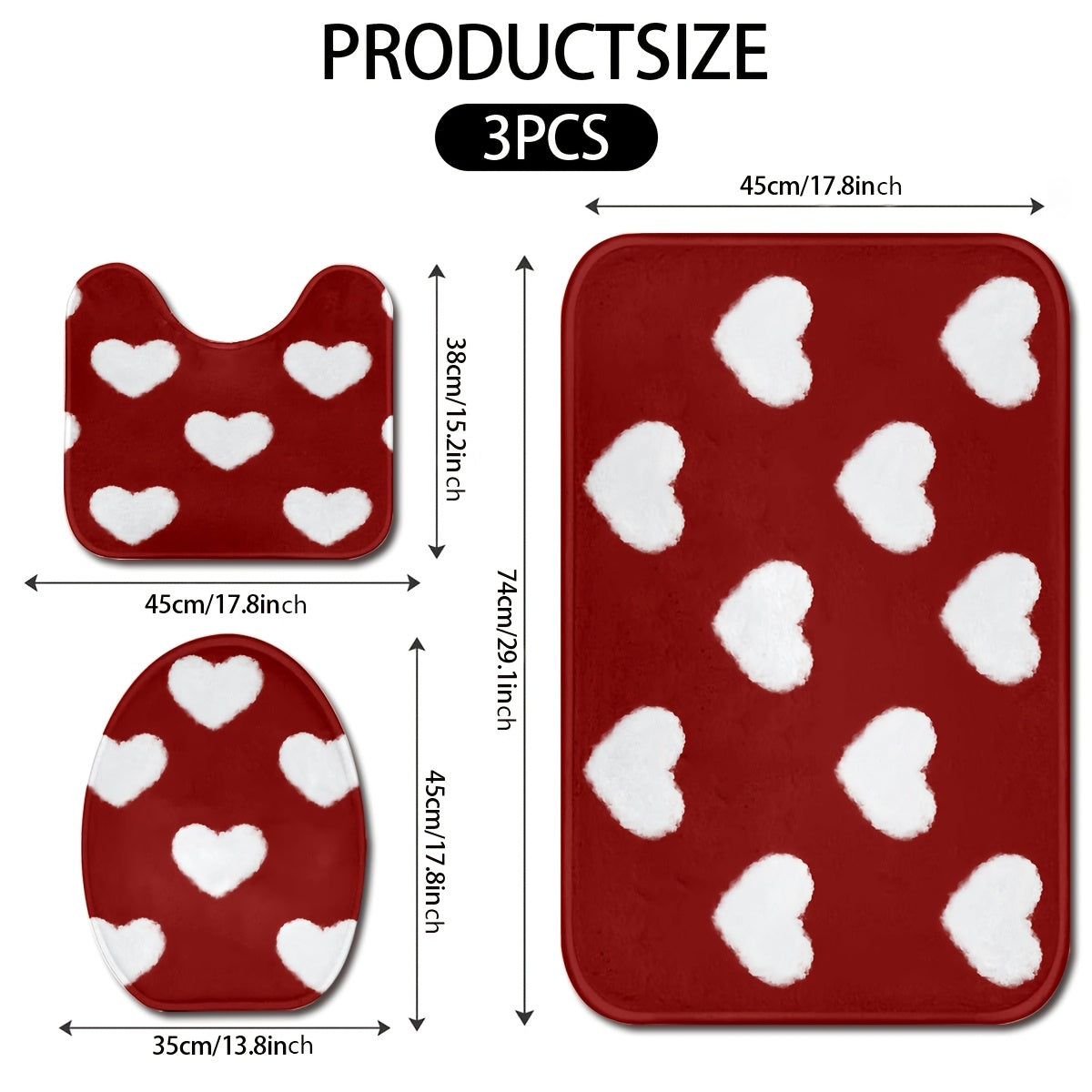 3pcs Valentine'S Day Bathroom Mat Set - Non-Slip, Machine Washable, Knit Polyester Bath Rug, Contour Mat, and Toilet Lid Cover - 550gsm, 1.2cm Thick, Rectangle Home Decor