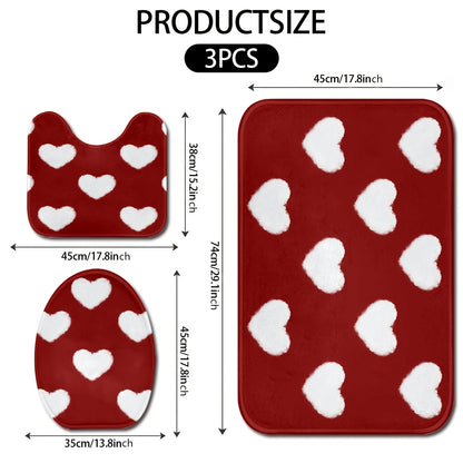 3pcs Valentine'S Day Bathroom Mat Set - Non-Slip, Machine Washable, Knit Polyester Bath Rug, Contour Mat, and Toilet Lid Cover - 550gsm, 1.2cm Thick, Rectangle Home Decor