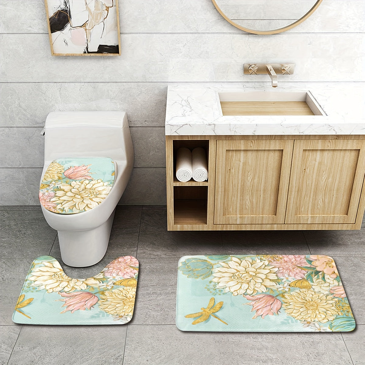 3-Piece Soft & Lightweight Floral Bathroom Rug Set: U-Shaped Toilet Seat Cover, Bath Mat, and Rug - Machine Washable for Bathroom Decor