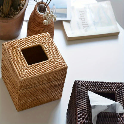 Handcrafted Square Rattan Tissue Box - Japanese Style Wicker Organizer for Desktop, Perfect for Kitchen, Bathroom, Bedroom & Office Decor