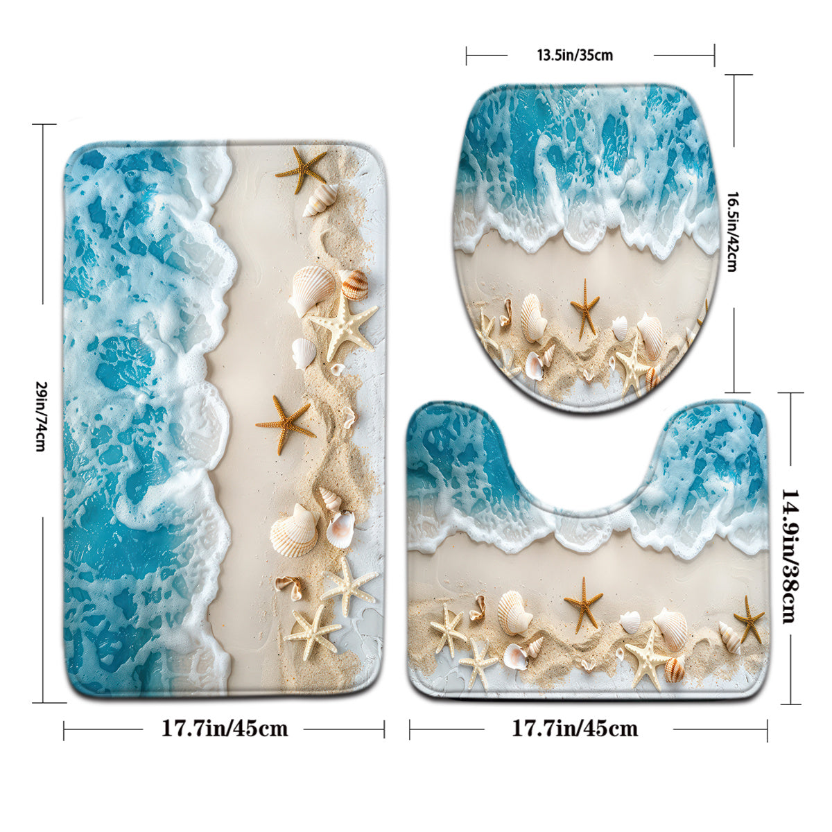 Beach Starfish Pattern Mat Set 3pcs Ocean Series Bathroom Mat Set - Fade Resistant, Woven, 580gsm Flannel Polyester - Includes Toilet Lid Cover, Seat, U-Shaped Foot Rug Beach Starfish Pattern