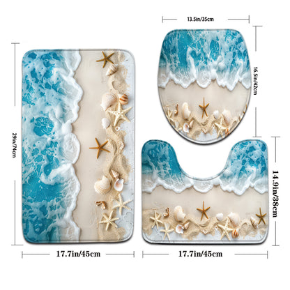 Beach Starfish Pattern Mat Set 3pcs Ocean Series Bathroom Mat Set - Fade Resistant, Woven, 580gsm Flannel Polyester - Includes Toilet Lid Cover, Seat, U-Shaped Foot Rug Beach Starfish Pattern