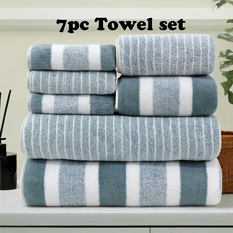 7pcs Striped Bath Towel Set - Contemporary Quick-Dry Towels, 85% Polyester 15% Nylon, Super Absorbent, Machine Washable, Oblong Shape for Home, Hotel, Gym, Travel - Ideal Bathroom Essentials