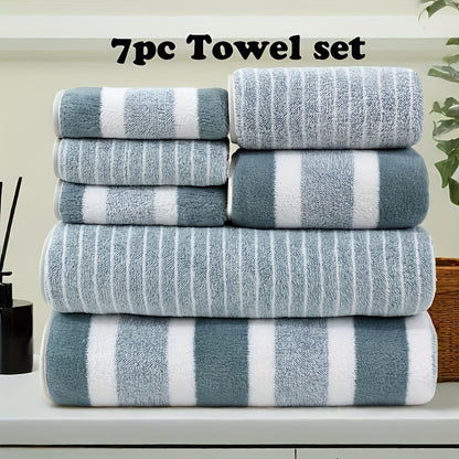 7pcs Striped Bath Towel Set - Contemporary Quick-Dry Towels, 85% Polyester 15% Nylon, Super Absorbent, Machine Washable, Oblong Shape for Home, Hotel, Gym, Travel - Ideal Bathroom Essentials