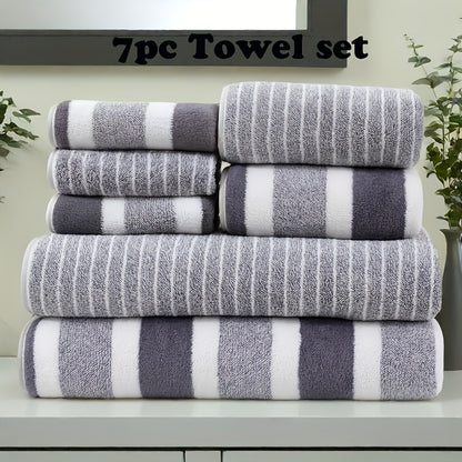 7pcs Striped Bath Towel Set - Contemporary Quick-Dry Towels, 85% Polyester 15% Nylon, Super Absorbent, Machine Washable, Oblong Shape for Home, Hotel, Gym, Travel - Ideal Bathroom Essentials
