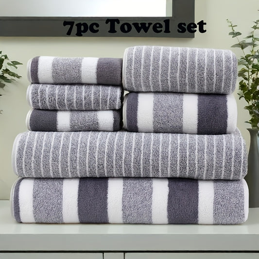 7pcs Striped Bath Towel Set - Contemporary Quick-Dry Towels, 85% Polyester 15% Nylon, Super Absorbent, Machine Washable, Oblong Shape for Home, Hotel, Gym, Travel - Ideal Bathroom Essentials