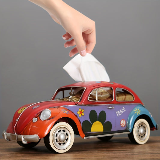Retro American Style Metal Tissue Box - Vintage Bus Design, Decorative Living Room and Car Accessory, Rectangular Shape with Floral and Peace Symbol Details, Decorative Tissue Holder|Retro Style Decor|Colorful Tissue Cover