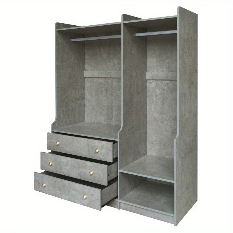 Modern Gray Wooden Wardrobe Organizer with Dual Hanging Rods, 5 Versatile Shelves & 3 Spacious Drawers – Stylish Bedroom Storage Solution for Clothes & Accessories