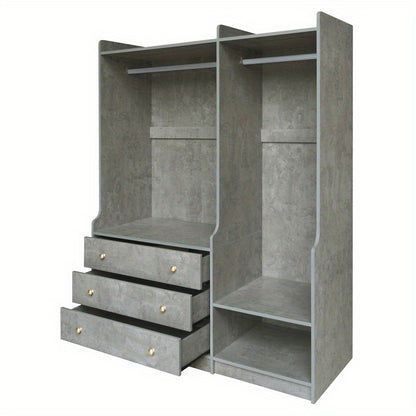 Modern Gray Wooden Wardrobe Organizer with Dual Hanging Rods, 5 Versatile Shelves & 3 Spacious Drawers – Stylish Bedroom Storage Solution for Clothes & Accessories