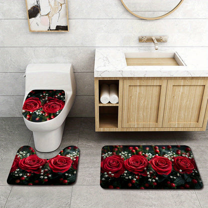 3pcs Beautiful Red Rose Pattern Bathroom Rugs, Bath Mat Set, Thickened Non-Slip Soft Fine Washable Rug, Bathroom Decorations, Set Includes Bath Blanket, Contour Mat And Toilet Lid Christmas Decoration