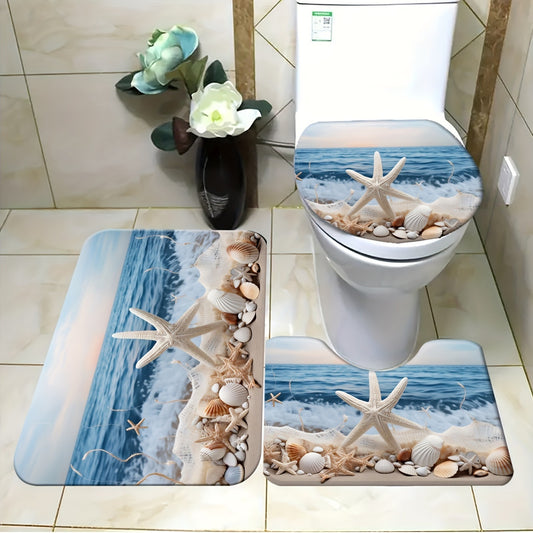 3-Piece Polyester Ocean Coastal Starfish Beach Bath Rugs Set - Machine Washable, Low Pile, Ground Mat, Toilet Seat Cushion, and U-Shaped Mat
