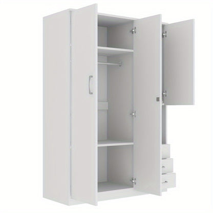 Modern White 2-Door Wooden Wardrobe with Shees, 3 Drawers & Open Compartments – Stylish Bedroom Storage Solution for Clothes, Shoes & Accessories, Shoe Storage Wardrobe | Functional Storage | Engineered Wood Wardrobe