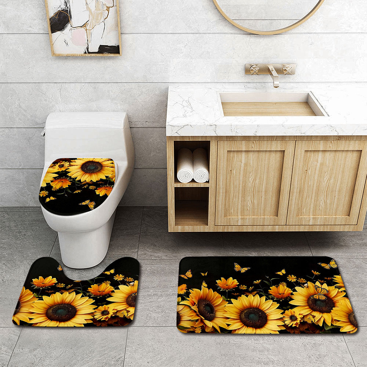 3pcs Sunflower & Butterfly Bathroom Rug Set - Thick, Non-Slip, Soft & Easy to Clean - Includes Bath Mat, Contour Pad & Toilet Lid Cover