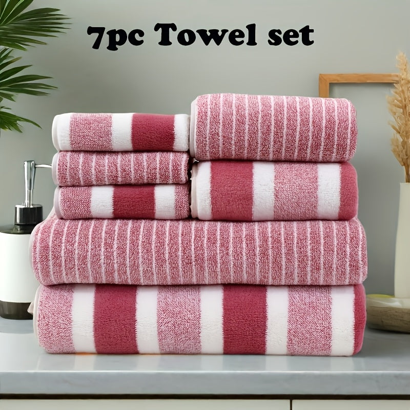 7pcs Striped Bath Towel Set - Contemporary Quick-Dry Towels, 85% Polyester 15% Nylon, Super Absorbent, Machine Washable, Oblong Shape for Home, Hotel, Gym, Travel - Ideal Bathroom Essentials