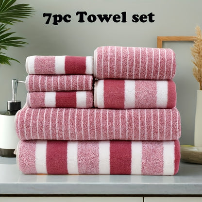 7pcs Striped Bath Towel Set - Contemporary Quick-Dry Towels, 85% Polyester 15% Nylon, Super Absorbent, Machine Washable, Oblong Shape for Home, Hotel, Gym, Travel - Ideal Bathroom Essentials