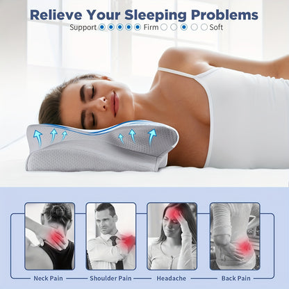 1pc Ergonomic Pillow, Hypoallergenic Neck Support for Pain Relief, Medium Soft Orthopedic Cervical Pillow with Removable Cover for Side, Back & Stomach Sleepers, Machine Washable - Blue