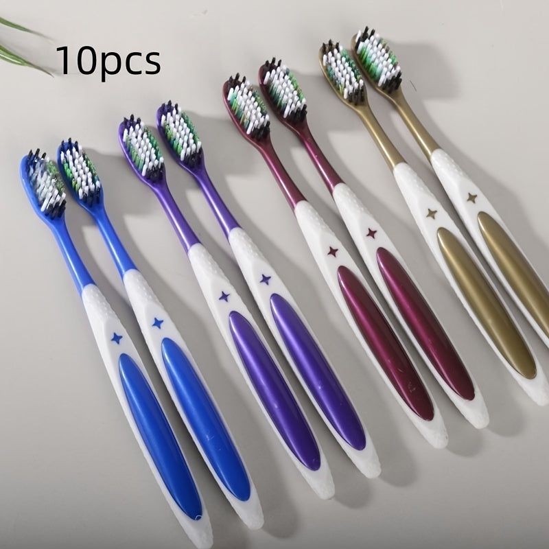 10pcs Multi-Color Adult Hard Bristle Toothbrushes with Large Brush Heads - High-Density Filaments for Effective Smoke & Stain Removal, Individually Wrapped for Hygiene
