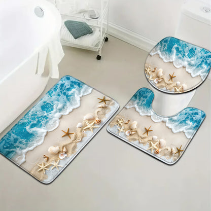 Beach Starfish Pattern Mat Set 3pcs Ocean Series Bathroom Mat Set - Fade Resistant, Woven, 580gsm Flannel Polyester - Includes Toilet Lid Cover, Seat, U-Shaped Foot Rug Beach Starfish Pattern