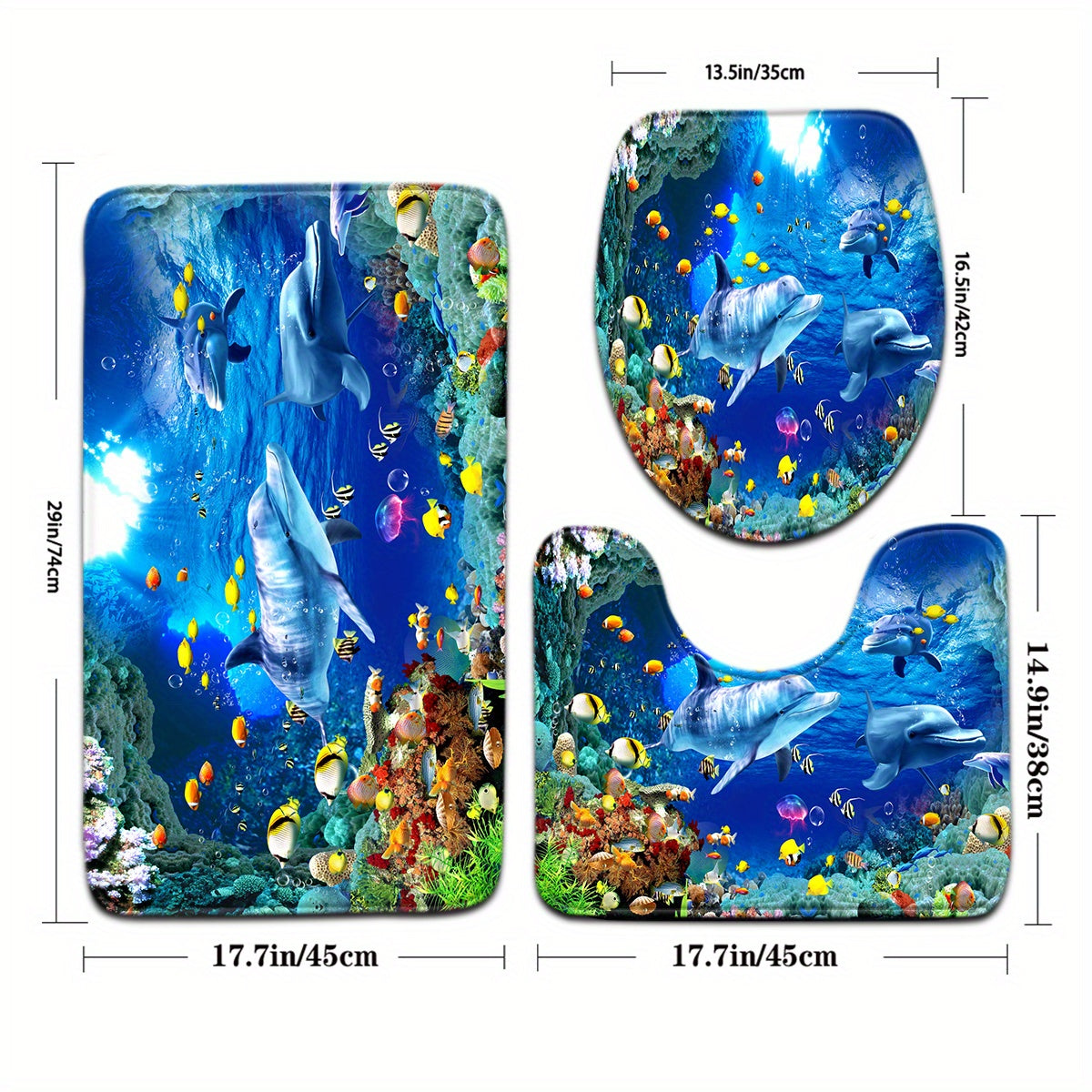 Open 3pcs Underwater World Series Colorful Jellyfish Dolphin Pattern Bathroom Mat Set Toilet Seat Ring U-shaped Foot Pad