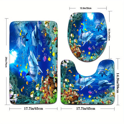 Open 3pcs Underwater World Series Colorful Jellyfish Dolphin Pattern Bathroom Mat Set Toilet Seat Ring U-shaped Foot Pad