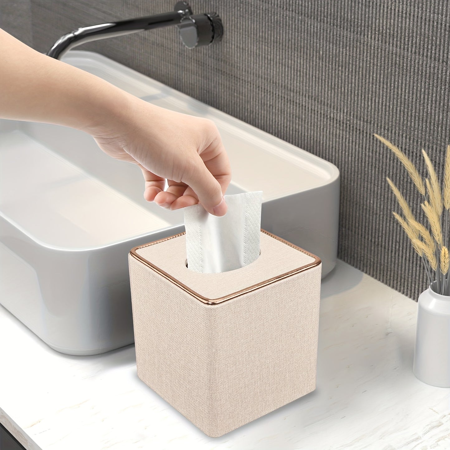 1pc Luxury Golden Edge Square Pearl White Tissue Box Holder - PU Leather Draw Paper Cartridge for Home, Office, and Car - Elegant Design, Easy to Use, and Space-Saving